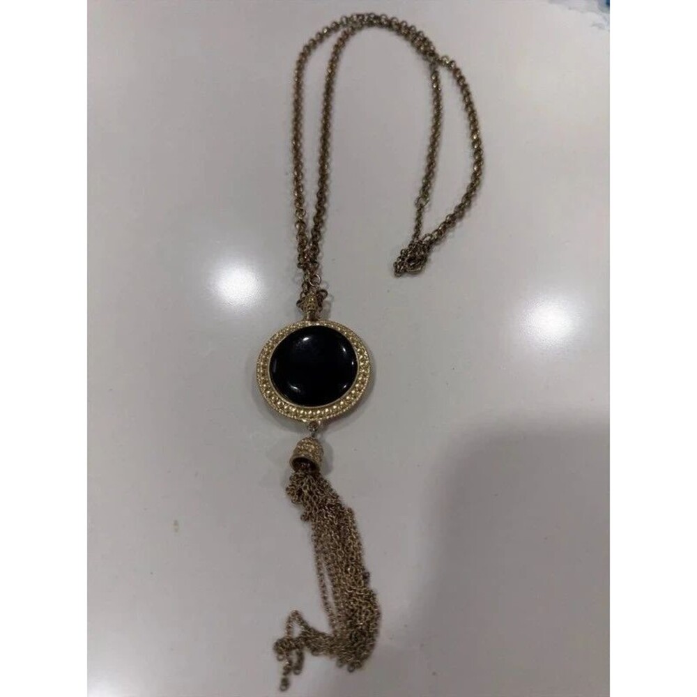 Vintage Style Grecian Black Onyx Gold Tone Tassel Statement Necklace 2 Sided